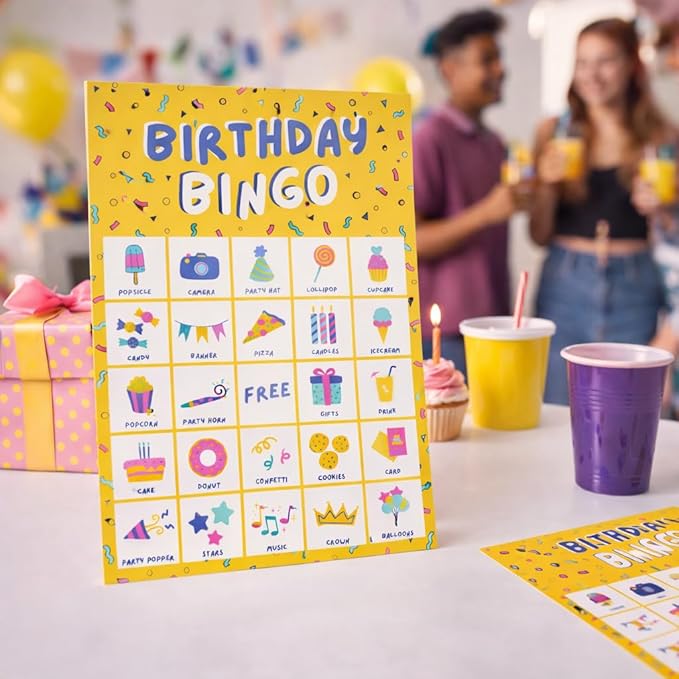 Markt Birthday Party Games for Kids, Birthday Bingo Game, Kids Party Games, Kid Bingo Game Decorations, Activities and Supplies for Girls or Boys (Yellow)