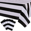 Kesfey 5 Packs Black and White Vertical Striped Tablecloth 54 x 108 Inch Geometric Black Stripe Table Cloths Disposable Plastic Stripe Table Covers Waterproof Picnic Tablecover for Halloween Party
