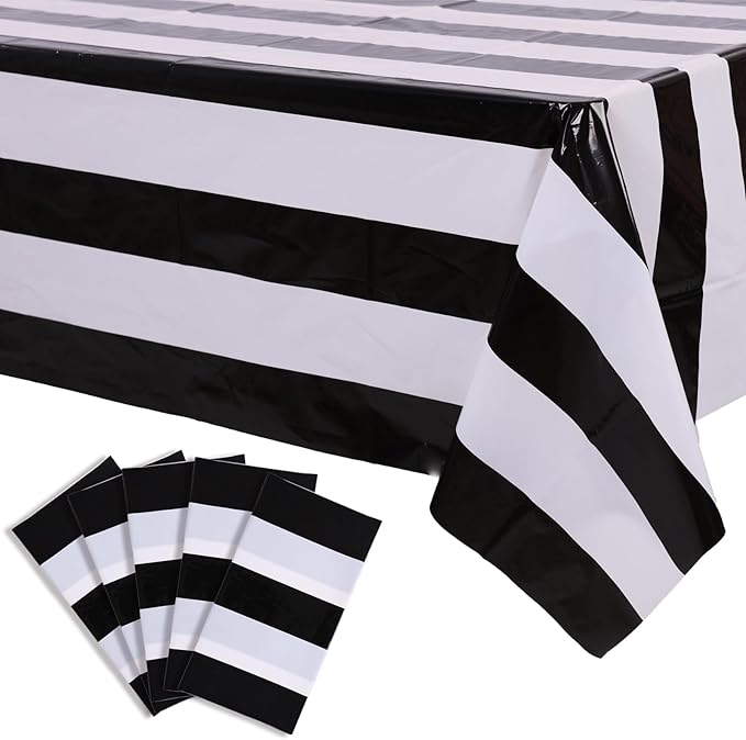 Kesfey 5 Packs Black and White Vertical Striped Tablecloth 54 x 108 Inch Geometric Black Stripe Table Cloths Disposable Plastic Stripe Table Covers Waterproof Picnic Tablecover for Halloween Party