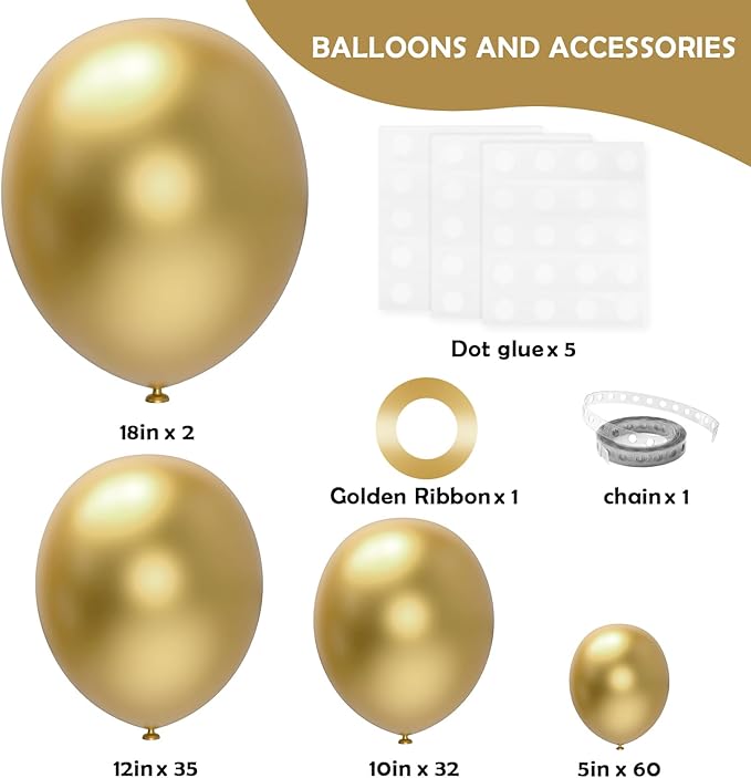 129 Pcs Gold Balloons Garland Arch Kit Different Sizes Metallic Gold Balloons for Birthday, Graduation, Anniversary Party Decoration