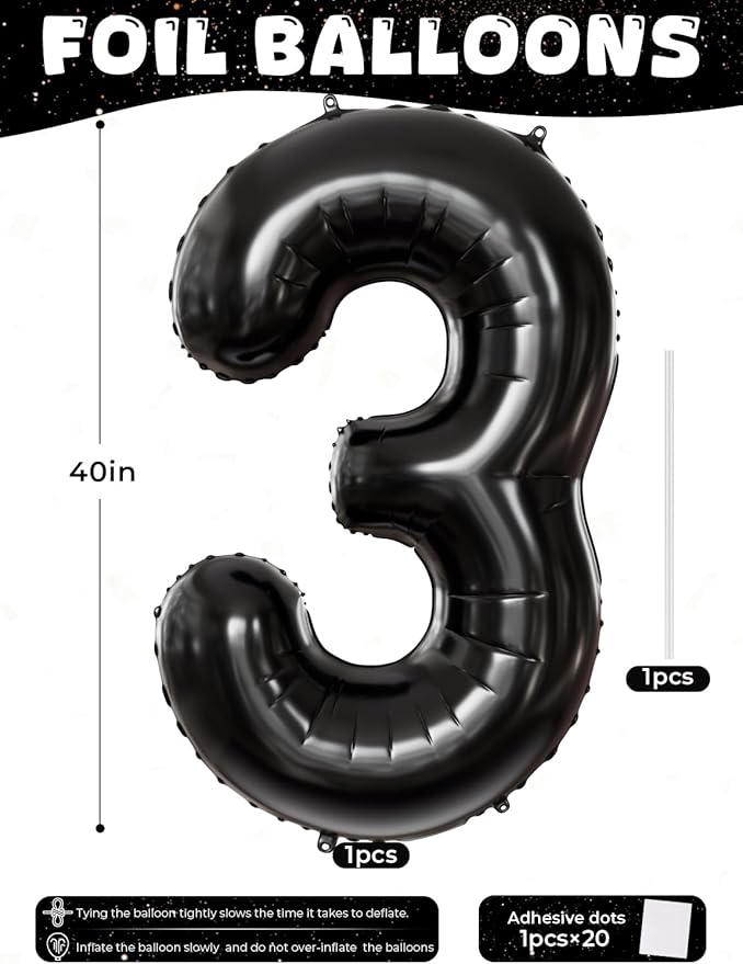Black Number 3 Balloons – 40 Inch Giant Foil Number Balloon, Black Number Balloon for Men Women Boys Girls Birthday Graduation Anniversary Party Decorations