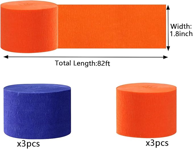 We Moment Crepe Paper Streamers - Navy Blue & Orange, 1.8 Inch Widening, 6 Rolls, 82 Feet per Roll for Birthday Parties