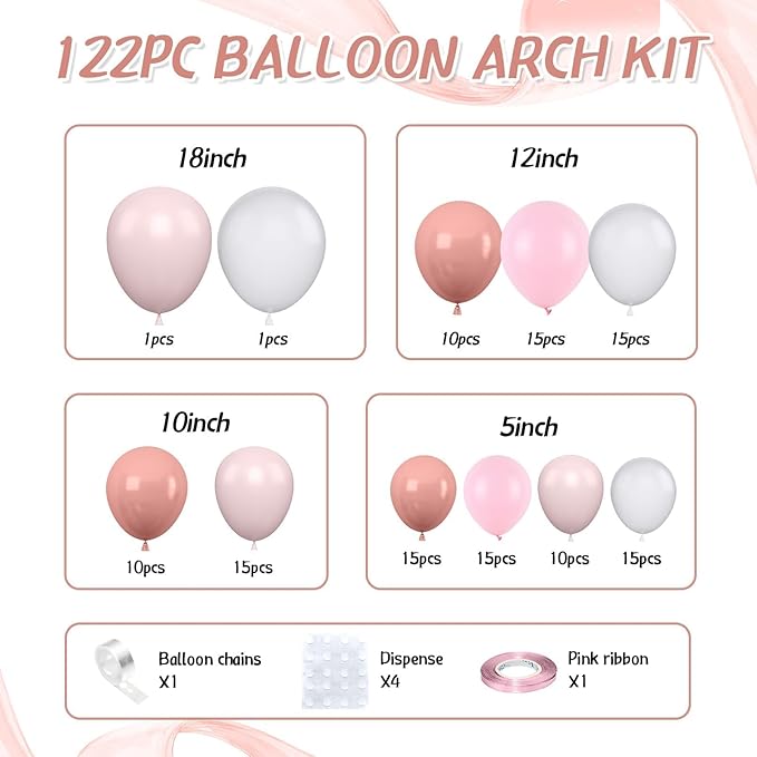 Dusty Pink Balloon Arch Kit,122Pcs Blush Pink Dusty Rose Pink Light Mauve Balloons for Women Girl Boho Bridal Wedding Baby Shower Anniversary Engagement Graduation Birthday Party Decorations