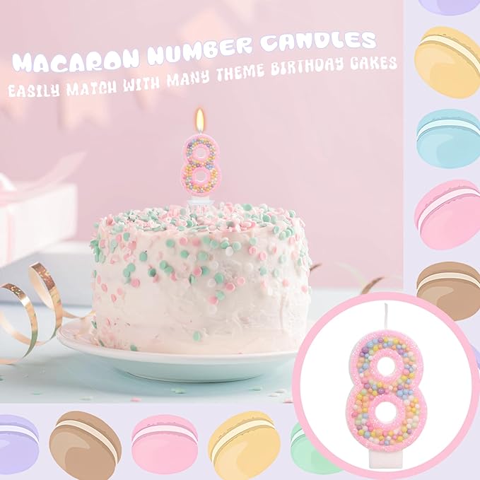 Pink Birthday Candles - Number 8 Candle, Colorful Macaron Candles, Axolotl Theme Cake Topper, Pink Birthday Decorations, Sweet Theme Birthday Party Supplies