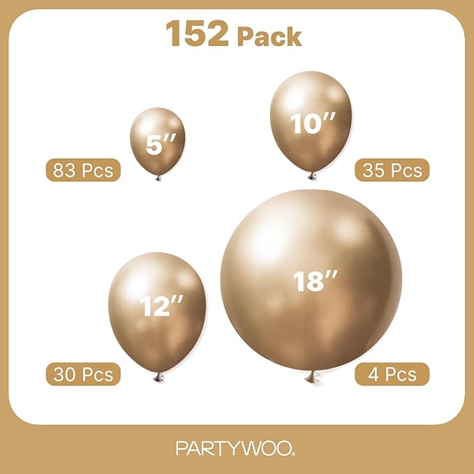 PartyWoo Metallic Gold Balloons 152pcs Different Sizes of 18 12 10 5 Inch Chrome Gold Balloon Arch Kit Garland for Birthday Graduation Baby Shower Wedding Bachelorette Party Decorations Gold-G127