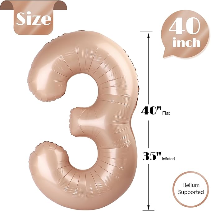 Light Brown Number 3 Balloon 40 Inch, 3 Balloon Number, 3rd Birthday Decorations, Light Brown Party Supplies for Boys Girls