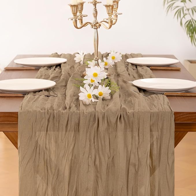 Socomi 3pcs Nude Brown Cheesecloth Table Runner Easter Spring Boho Rustic Gauze 120 inch 10FT Cheese Cloth Runner for Wedding Party Baby Shower Birthday Home Decor Holiday Decorations