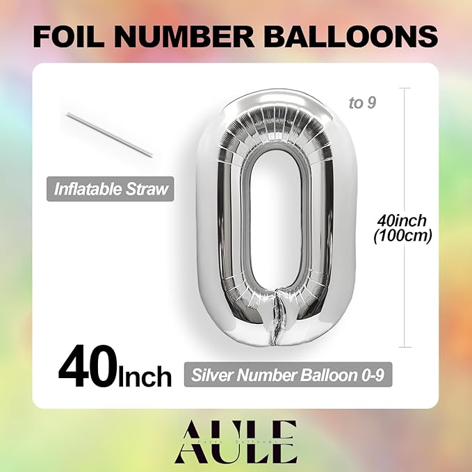AULE 40 Inch Jumbo Silver Foil Mylar Number Balloons for Men Women 40th Birthday Party Decorations 40 Years Old Anniversary Party Supplies