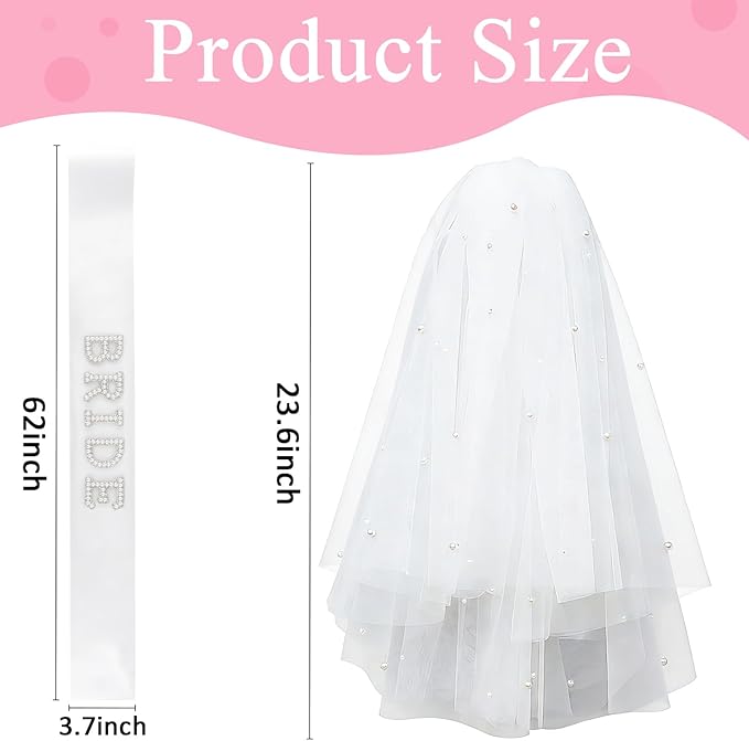 Bride to Be Set: Pearl-Trimmed Heart Sunglasses, Pearl BRIDE Sash & Tulle Veil - Bachelorette Party Bridal Accessories