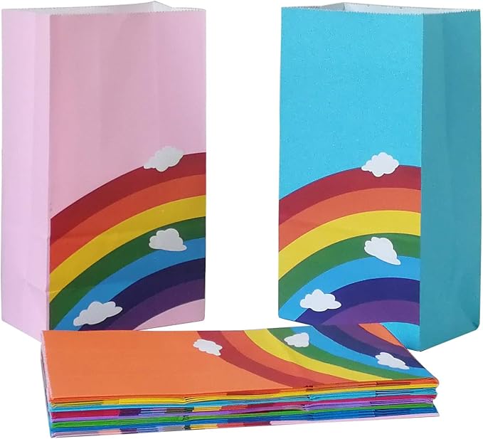 Future Life 24 pcs Rainbow Party Favor Paper Bags, 5.2 * 3.2 * 9.6 Inch, Food Safe Kraft Paper and Ink, Natural (Biodegradable), Vivid Colored,Give Away Bags.
