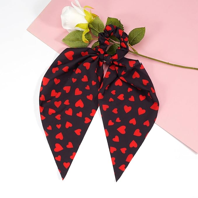 Valentines Hair Ties for Woman Girls Red Heart XOXO Ribbon Valentine's Day Hair Scrunchies Elastic Pink Love Hair Tie Party Supplies Hair Accessories 2PCS