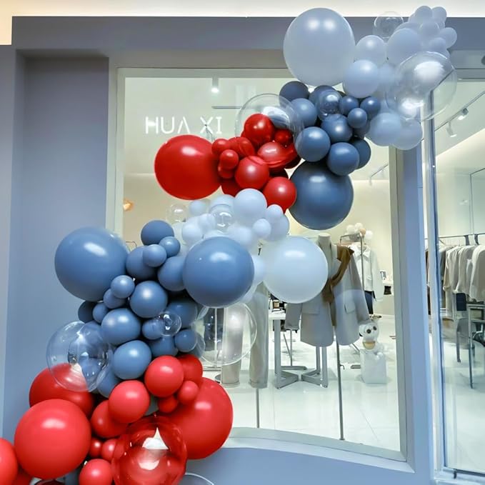 Dusty Blue Gray Red Silver Balloon Arch Kit, 141 Pcs Dusty Blue Retro Grey Metallic Silver Red and Silver Confetti Balloons for Birthday Wedding Baby Bridal Shower