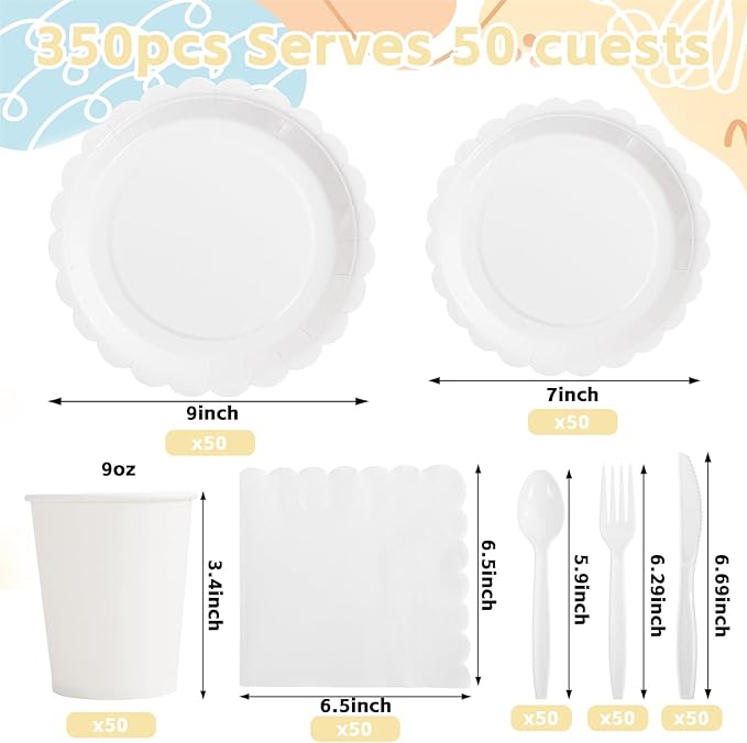 LIYH 350 Pcs White Paper Plates and Napkins 50 Guest Party Supplies Include White Scalloped Disposable Paper Plates Cocktail Napkins Cups Cutlery for Baby Shower,Birthday