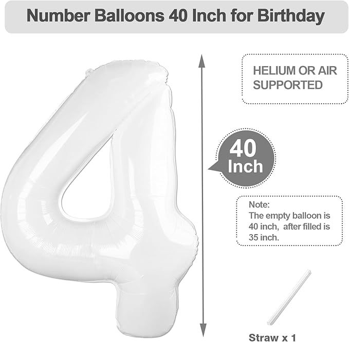 Balloons Number, 40 Inch Foil Balloons 4th Birthday Decorations Girl, White Number 4 Ballon for 4, 14, 24, 40 Celebration, Birthday, Christmas, Anniversary Decor