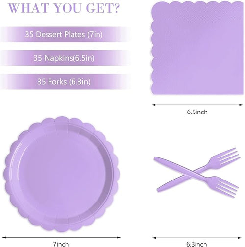 105PCS Paper Plates and Napkins Set,7 Inch Scalloped Disposable Tableware with Forks for Birthdays, Garden Parties & Outdoor Events,Serves 35 (Light Purple)