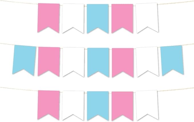 Andaz Press Hanging Pennant Banner with String, Pink, White, Baby Blue, 1-Set, 24 Pennants, Approx. 12-Feet Long, Baby Shower Gender Reveal Theme Colored Supplies