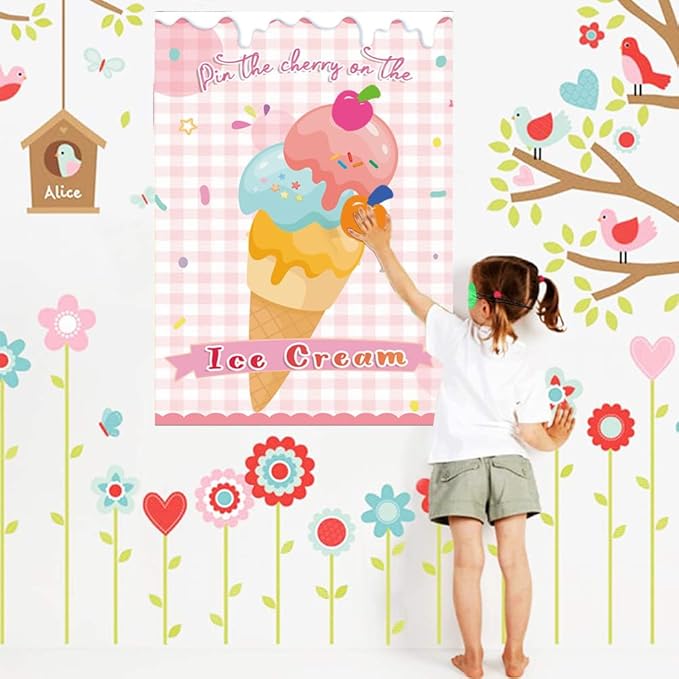 T-Antrix Pin The Cherry on The Ice Cream Game -Ice Cream Party Game with 21'' x 28'' Poster, Reusable Cherry Sticker Carnival Party Supplies Kids Birthday Party Favor Sets