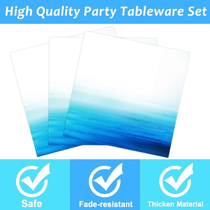 96 Pieces Ocean Sea Party Tableware Set Ocean Waves Party Supplies Sea Theme Table Decorations Under The Sea Tableware for Baby Shower Birthday Paper Plates Napkins Forks for 24 Guests
