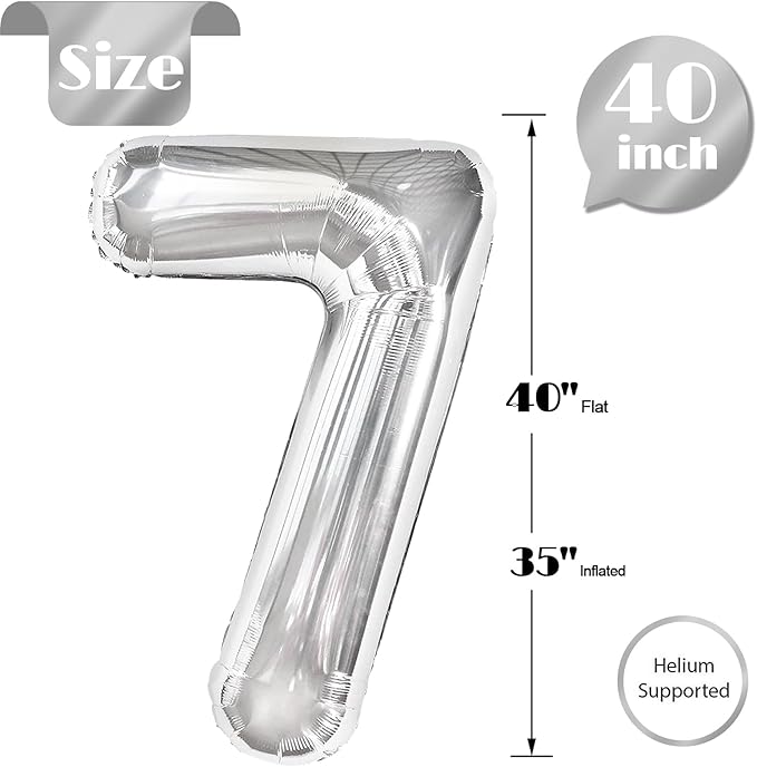 Silver Number 7 Balloon 40 Inch, 7th Birthday Party Decorations for Children, Giant 7 Foil Balloon for Party Supplies