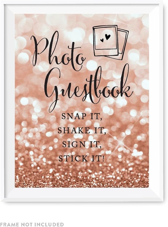 Andaz Press Wedding Party Signs, Glitzy Rose Gold Glitter, 8.5x11-inch, Photo Guestbook Snap It, Shake It, Sign It, Stick It, Polaroid Sign 1-Pack, Bokeh Colored Party Supplies