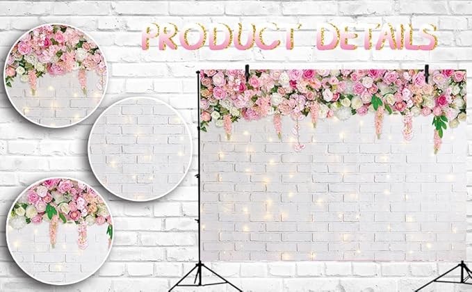 Flower Wall Backdrop Glitter White Brick Wall Mother's Day Flowers Photography Background Mother's Day Wedding Bridal Baby Shower Birthday Party Spring Theme Decor Photo Booth Props (10x8FT)