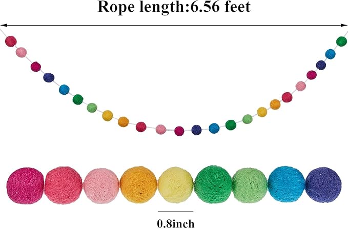 Boao 2 Pieces Wool Felt Ball Garland Colorful Pom Pom Garland Handmade 6.5 Feet Long 24 Balls Felt Banner for Wall Christmas Tree Decoration (Rainbow)