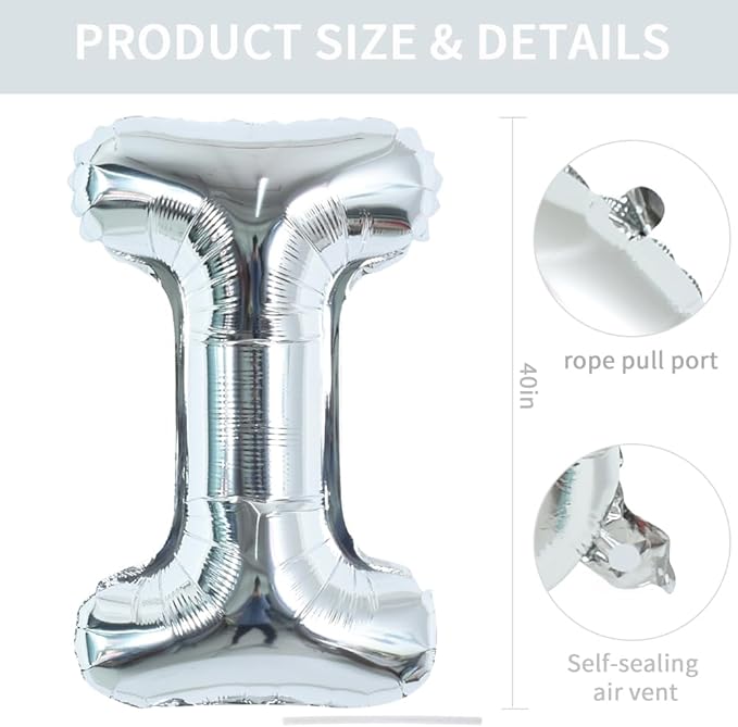TONIFUL 40 Inch Large Silver Letter I Balloon - Foil Mylar Big Letter for 2026 New Year Eve Graduation Wedding Baby Shower Birthday Party Anniversary Supplies Decorations