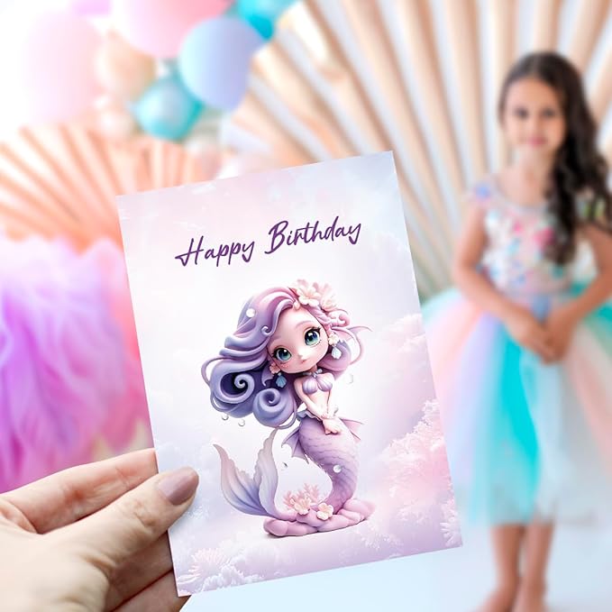 Whimsical Mermaid Birthday Card for Girls & Women - Cute Purple Fantasy Greeting Card for Daughter, Granddaughter, Niece - 5x7 Happy Birthday Card with Envelope & Sticker Seal - Premium Thick Card Stock