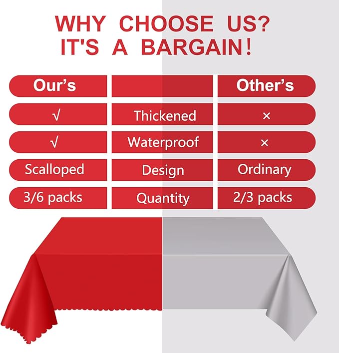 6 Pack Red Plastic Tablecloths, 54 x 108 Inch Valentine's Day Scalloped Tablecloth Disposable Red Table Cloths for Rectangle Tables Waterproof Table Covers for Anniversay Wedding Party