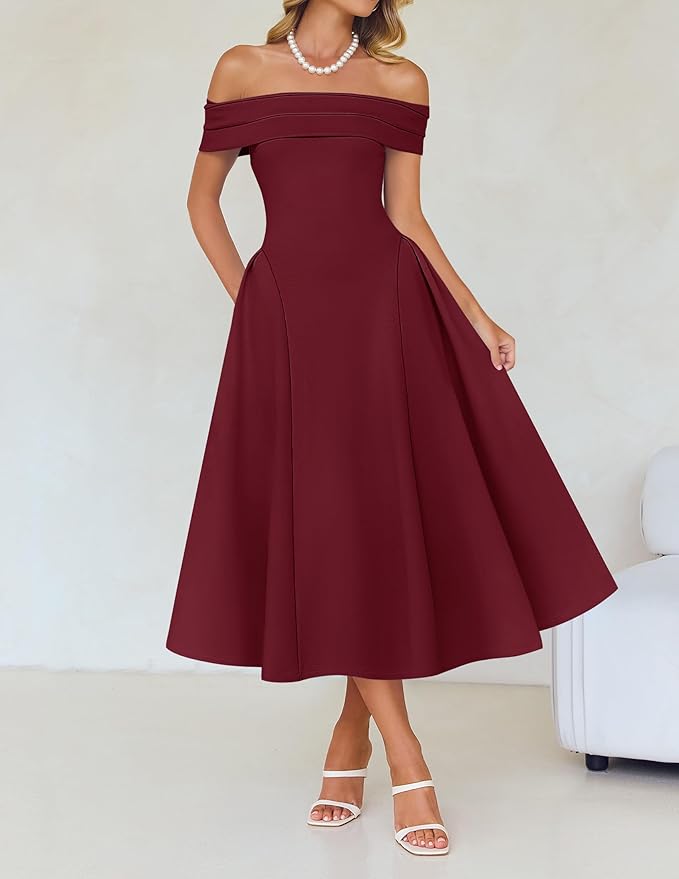 ZESICA Summer 2026 Cocktail Dresses for Women's Off Shoulder Short Sleeve Swing A Line Wedding Evening Party Midi Dress