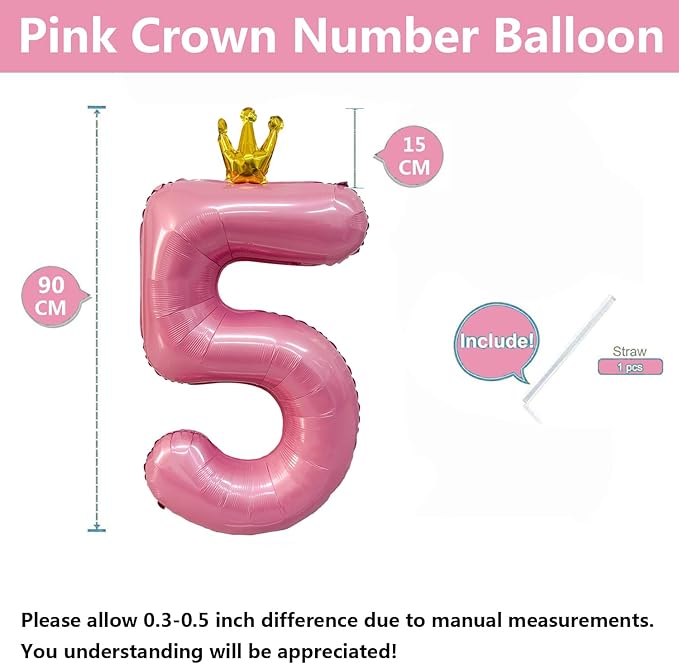 40 inch Pink Number 5 Balloon with Crown, Pink Crown Balloons 0-9 for 5th Birthday Party Anniversary Decorations Supplies