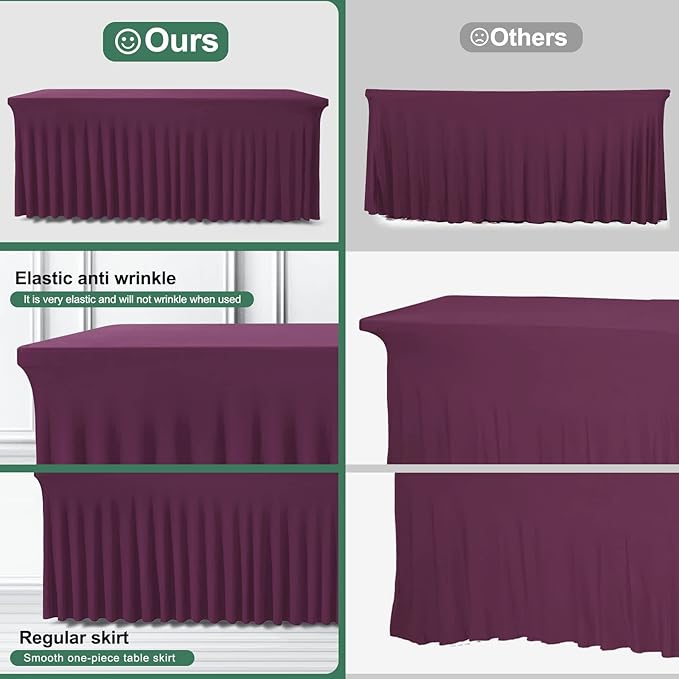 Table Skirt for 4 Foot Tables - 2 Pack One-Piece Burgundy Tablecloths and Skirt, Wrinkle Resistant Ruffles Elastic Cover for Banquets, Weddings, Events, Parties