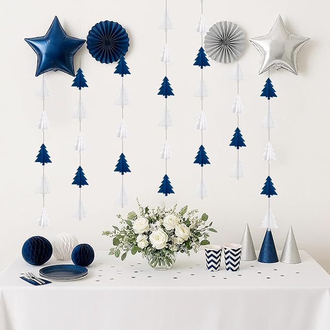 Navy-Blue White Silver Christmas Decorations - 2Pcs 3D Christmas Tree Paper Streamers Party Banner Garland Hanging Decor HongTongTong