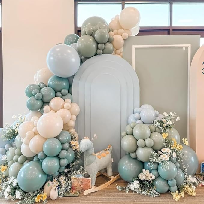 Dusty Green Blue Balloon Arch Kit, Fog Green Dusty Water Blue Beige Ivory Latex Balloons Garland Kit for Women Men Neutral Birthday Wedding Baby Bridal Shower Jungle Safari Party Decorations