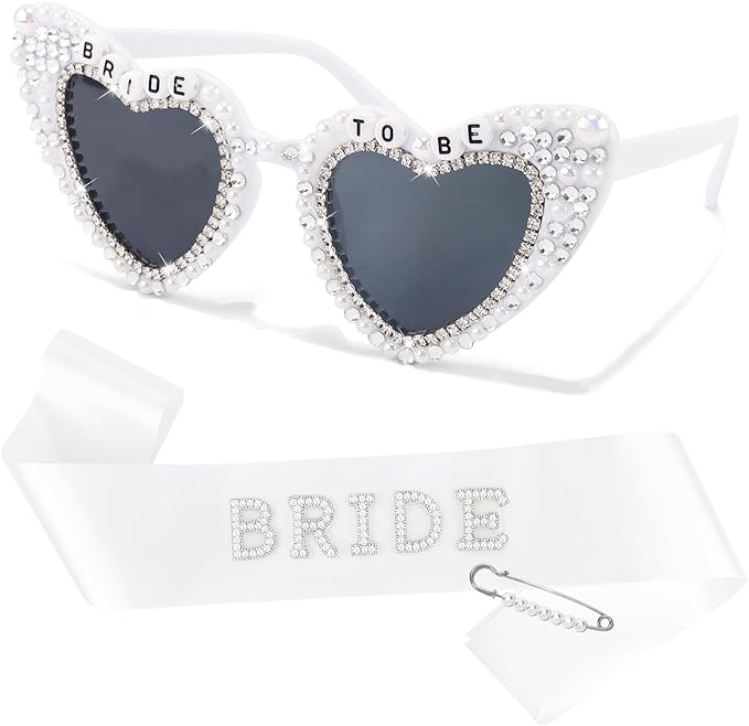 Bride to Be Sunglasses & Bride Sash Set - White Satin Sash with Rhinestone Lettering & Pearl-Embellished Sunglasses for Bachelorette Party, Bridal Shower & Wedding Celebrations