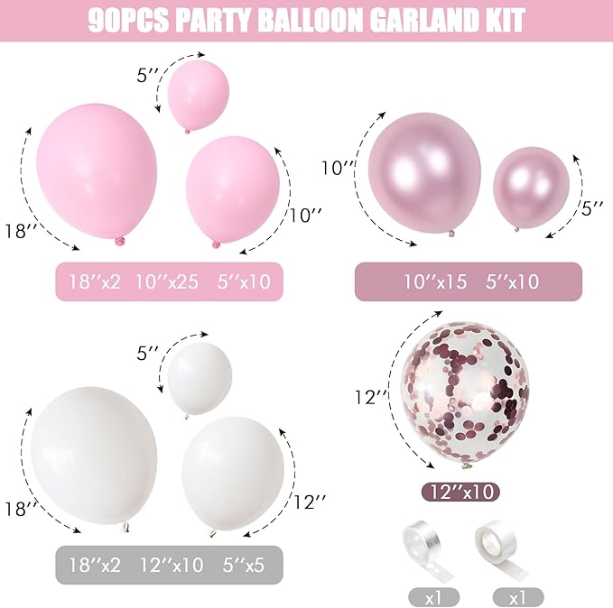 Pink and White Balloon Arch, Light Pink White Party Balloons Pastel Baby Pink Balloon Garland Kit White Pink Metallic Latex Helium Balloons for Birthday Baby Shower Girl Christening Party Decorations