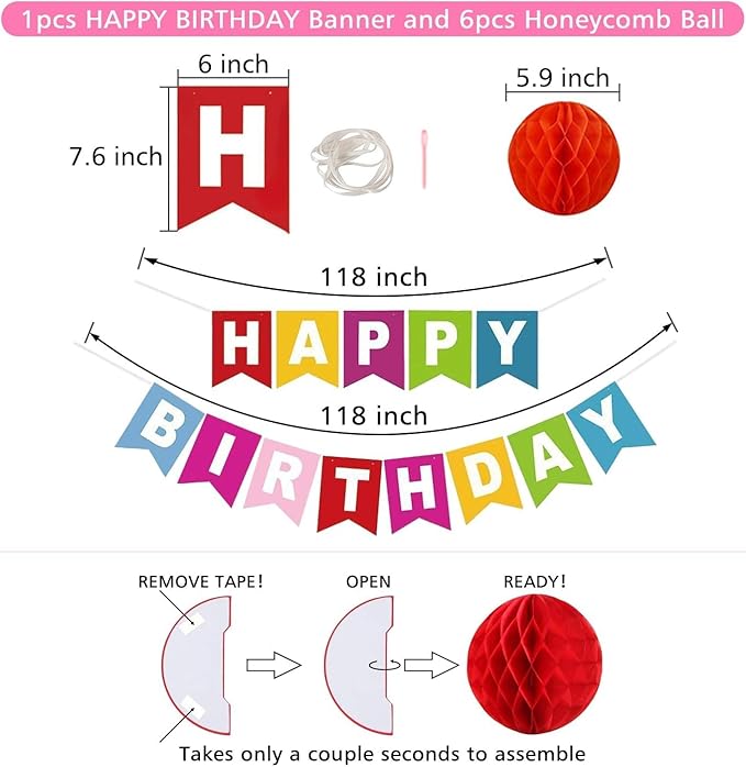 Happy Birthday Banner, Rainbow Birthday Banner, 6 Honeycomb Balls, 8 Metallic Hanging Swirls and Circle Parper Garland, Happy Birthday Decorations for Girls Women men Party Decorations