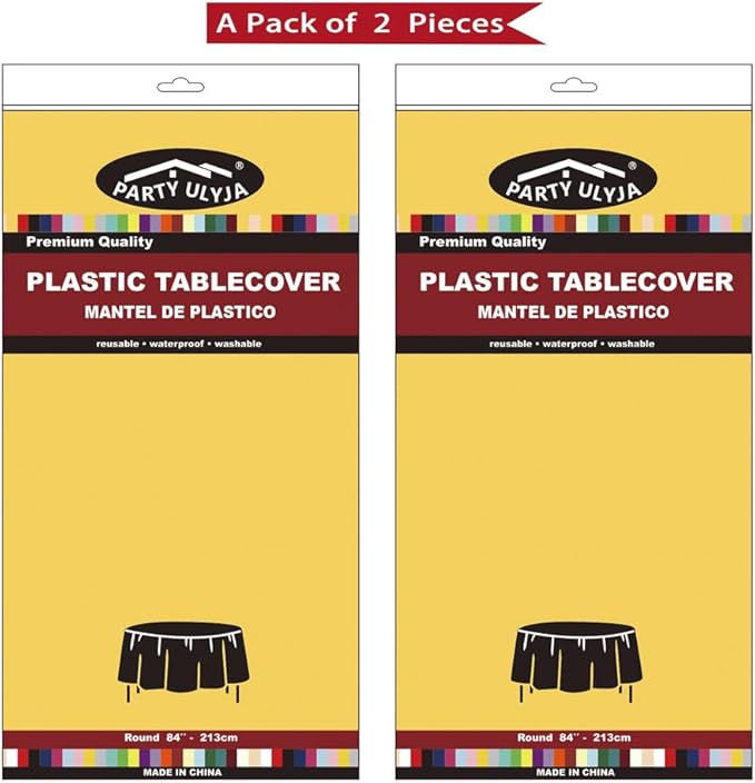 Yellow Plastic Tablecloths 2 Pack Disposable Table Covers 84 Inch Circle Bridal Shower Party Tablecovers PEVA Vinyl Table Cloths for BBQ Picnic Birthday Wedding Banquet Parties 6 ft Round Table Use