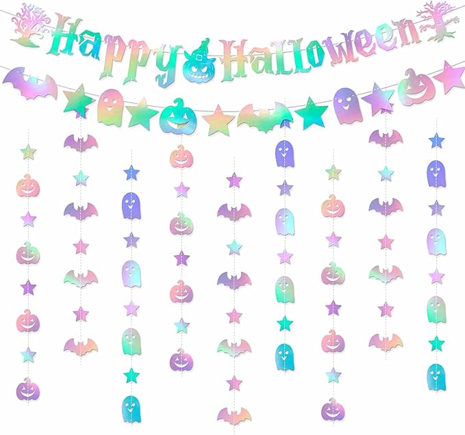 Iridescent Happy Halloween Party-Decorations Banner - 8Pcs Hanging Streamers Garland,Bat Ghost Pumpkin Ceiling Outdoor Indoor Wall Decor Party Props,Porch Room Scary Supplies Hugtmr
