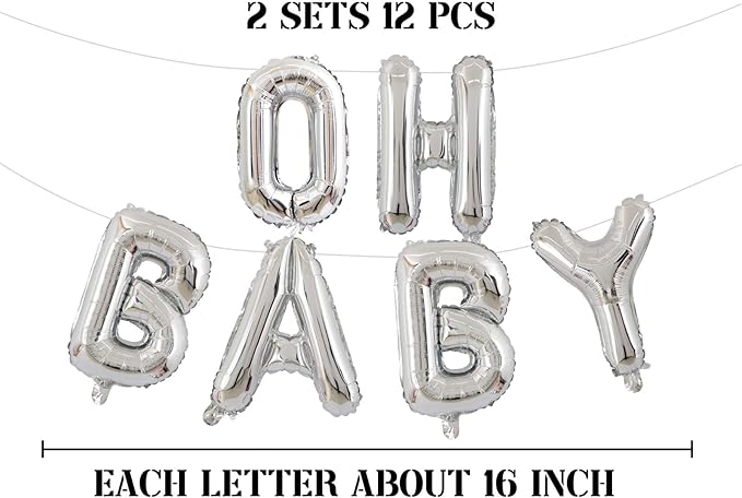 2 Set 12Pcs Silver Oh Baby Letter Balloons 16in Balloon Baby Shower Decorations Party Decor Silver Letter Balloons Oh Baby Party Supplies