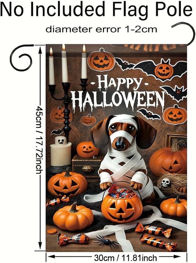 Halloween Garden Flag Dachshund Dog Mummy Pumpkin 12x18 Inch Double SidedOutdoor Yard Banner for Trick or Treat Haunted House Spooky Halloween Decoration Decor