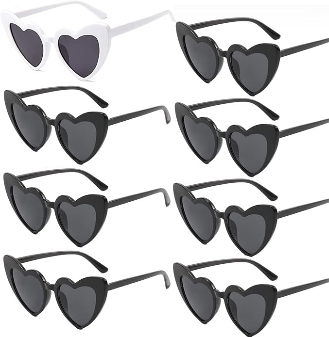 8 Pairs White and Black Heart Sunglasses Bulk for Women, Vintage Cat Eye Mod Style Bride Sunglasses Retro Heart Shaped Glasses for Shopping Traveling Wedding Party Accessories