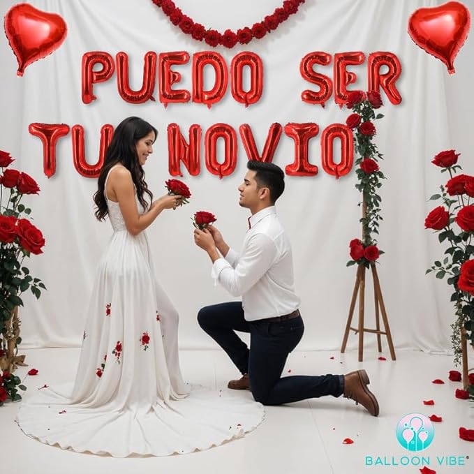 PUEDO SER TU NOVIO Balloons Banner with Two 18" Heart Balloons - Romantic Proposal Decorations for Prom/Date Night and Valentine’s Day - 16" Foil Letters with 4 Straws, Ribbon & Adhesive Dots
