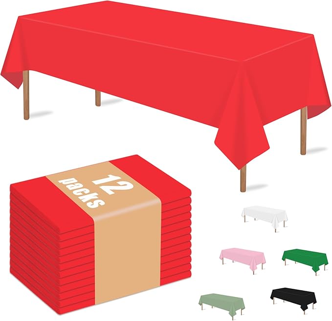 MRJ 12 Packs Red Disposable Tablecloths 54x108 Inch, Plastic Rectangle Table Cover for Wedding Valentine's Day and Christmas Day