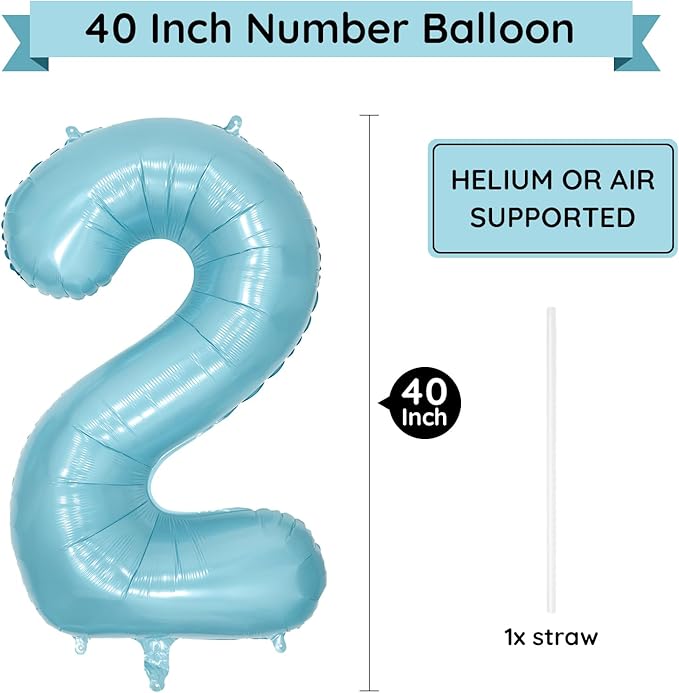 40 Inch Light Blue Number Balloon 2, Large Baby Blue Number 2 Balloons for Birthday Party Decorations, Blue Foil Mylar Birthday Balloons