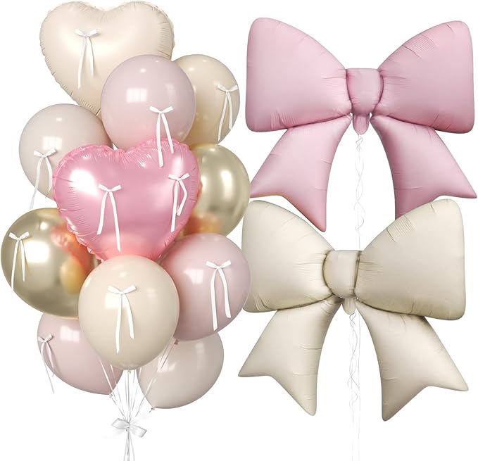 16Pcs Pink and Cream Heart Balloons, 38 Inch Bow Balloons, Dusty Pink Nude Champagne Gold Balloon and Bow Heart Shaped Foil Balloon for Birthday Wedding Bridal Baby Shower Valentines Day Decorations