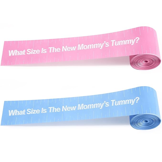 Sratte 2 Rolls 2 Inch x 150 Feet Baby Shower Measuring Tape Tummy Measure Belly Game Paper Belly Measuring Tape for Baby Shower Party Decorations Supplies (Pink,Blue)