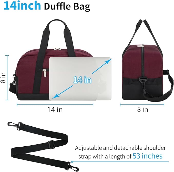 Apenze Small Gym Bag 14 inch lightweight Carry On Mini Duffel Bag for Travel Sport - Wine Red