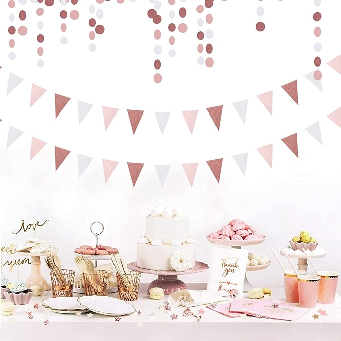 Pink-White Rose-Gold Party Decorations Banner - 2 Pack Valentines Mothers Day Engagement Baby Bridal Shower Paper Pennant Triangle Flags,Girl Birthday Bachelorette Wedding Bunting Lasting Surprise