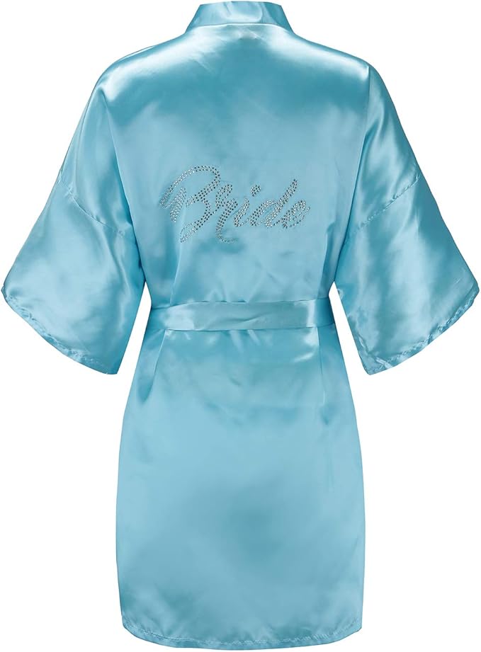 EPLAZA Women's One Size Silver Rhinestones Bride Bridesmaid Short Satin Robes for Wedding Party Getting Ready